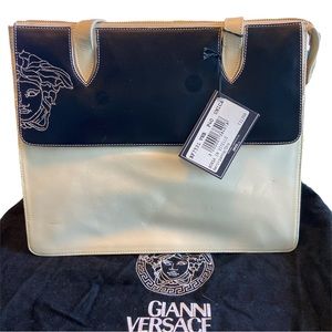 Gianni Versace Vintage Calfskin Leather Embroidered Shoulder Bag Black Cream New